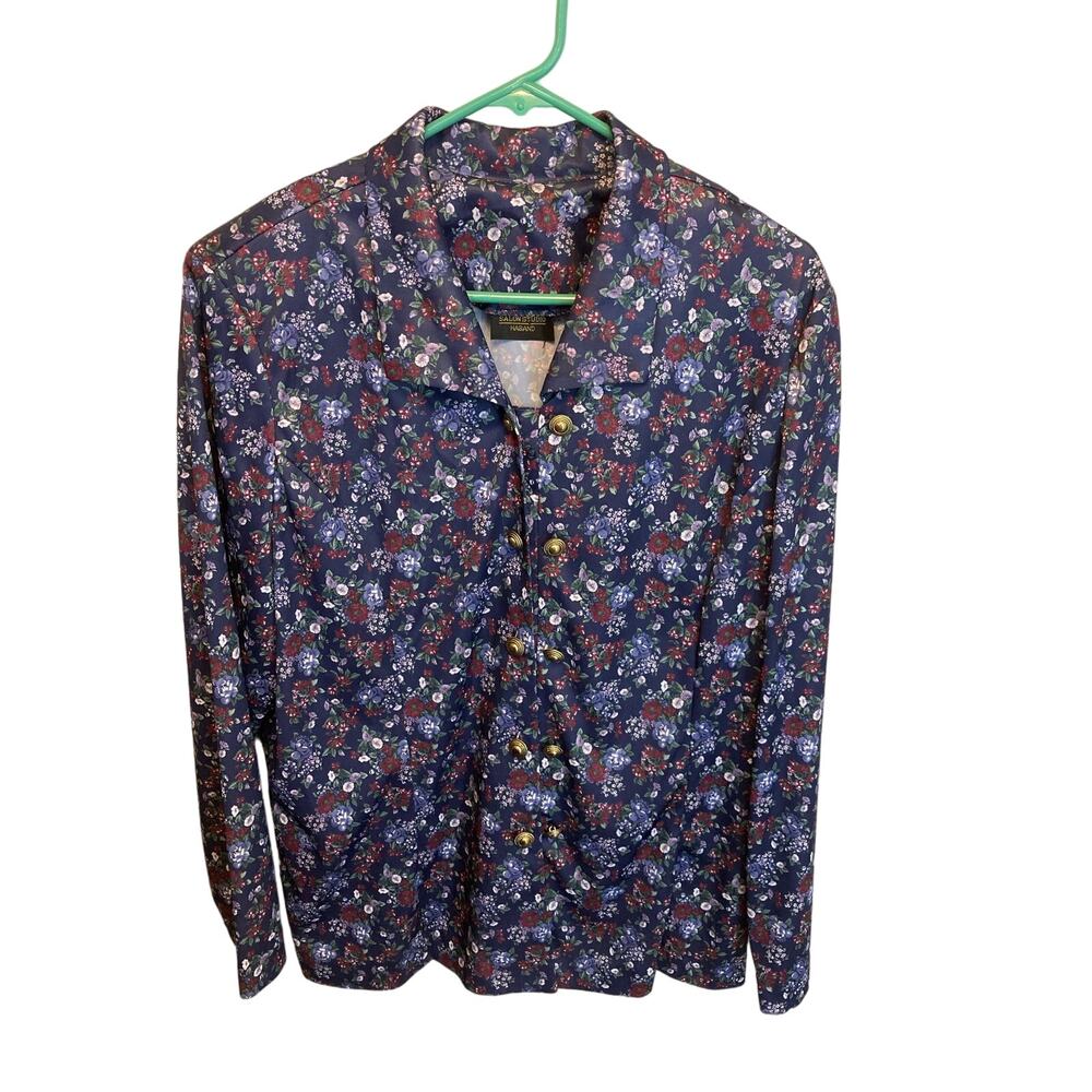 90's Vintage Long Sleeve Silky Floral Collared Double Button Blouse Size XL